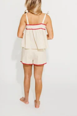 Hot Worth Collective Lucille Tie Sleeve Top and Shorts Set in Oatmeal/Red
