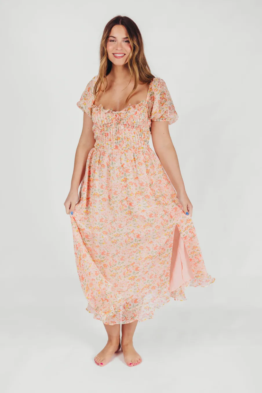 Clearance Worth Collective Lunaria Pleated Bustier Midi Dress in Orange Floral