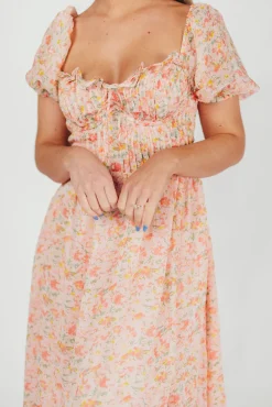 Clearance Worth Collective Lunaria Pleated Bustier Midi Dress in Orange Floral