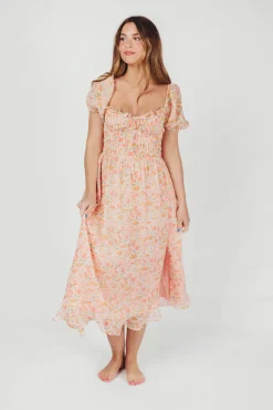 Clearance Worth Collective Lunaria Pleated Bustier Midi Dress in Orange Floral
