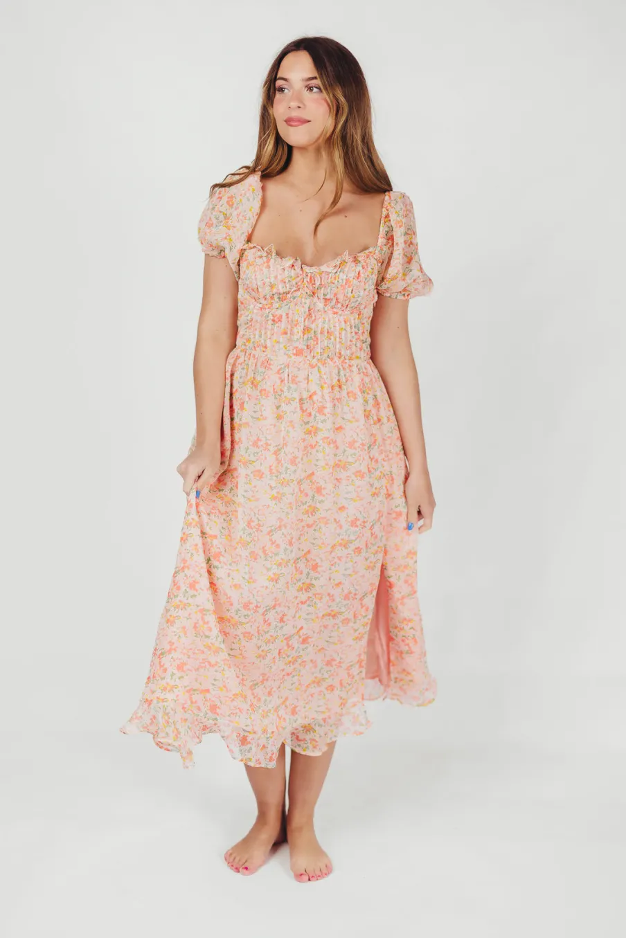 Clearance Worth Collective Lunaria Pleated Bustier Midi Dress in Orange Floral