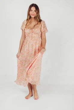Clearance Worth Collective Lunaria Pleated Bustier Midi Dress in Orange Floral