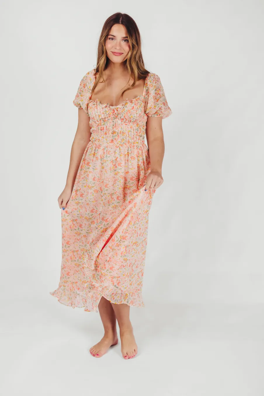 Clearance Worth Collective Lunaria Pleated Bustier Midi Dress in Orange Floral