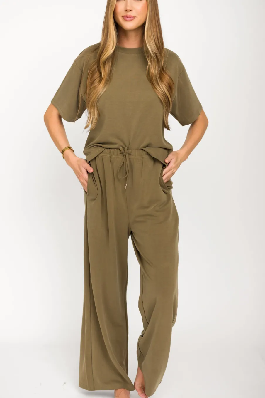 New Worth Collective Macy Loose Fit T-Shirt and Wide Leg Pant Set in Sage