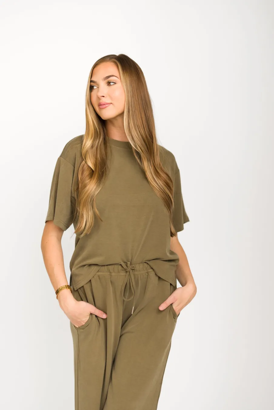 New Worth Collective Macy Loose Fit T-Shirt and Wide Leg Pant Set in Sage