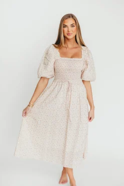 Fashion Worth Collective Maeve 100% Cotton Puff Sleeve Midi Dress in Dainty Pink Floral