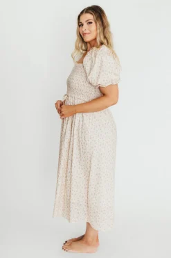 Fashion Worth Collective Maeve 100% Cotton Puff Sleeve Midi Dress in Dainty Pink Floral