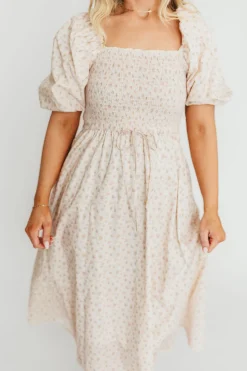 Fashion Worth Collective Maeve 100% Cotton Puff Sleeve Midi Dress in Dainty Pink Floral