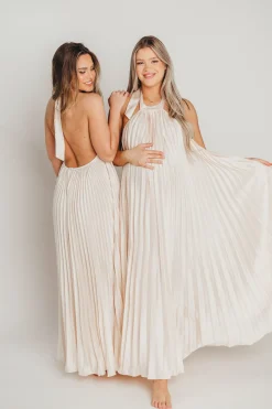 Clearance Worth Collective Maren Pleated Halter Maxi Dress in Cream - Bump Friendly