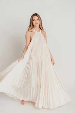 Clearance Worth Collective Maren Pleated Halter Maxi Dress in Cream - Bump Friendly