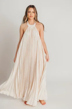 Clearance Worth Collective Maren Pleated Halter Maxi Dress in Cream - Bump Friendly