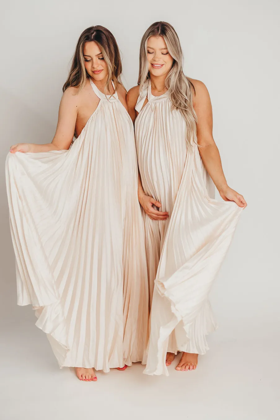 Clearance Worth Collective Maren Pleated Halter Maxi Dress in Cream - Bump Friendly