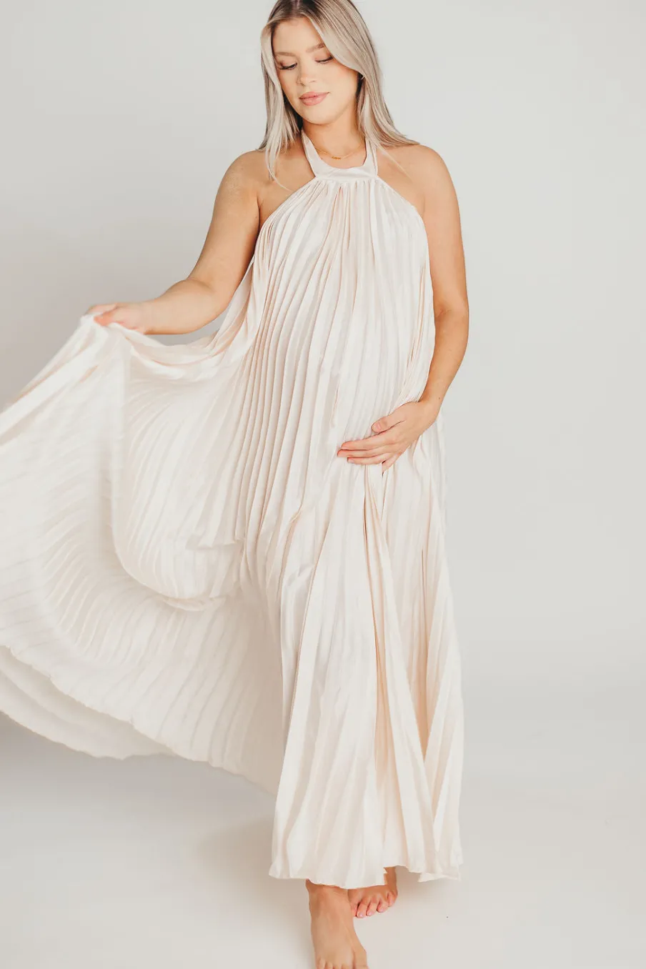 Clearance Worth Collective Maren Pleated Halter Maxi Dress in Cream - Bump Friendly