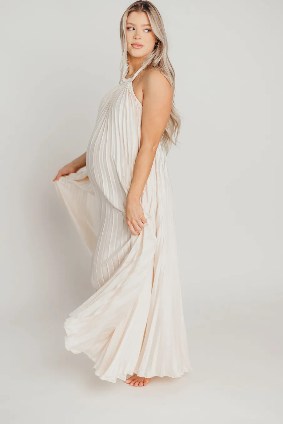 Clearance Worth Collective Maren Pleated Halter Maxi Dress in Cream - Bump Friendly
