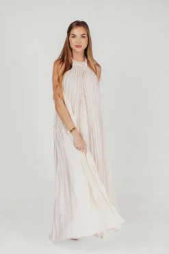 Clearance Worth Collective Maren Pleated Halter Maxi Dress in Cream - Bump Friendly