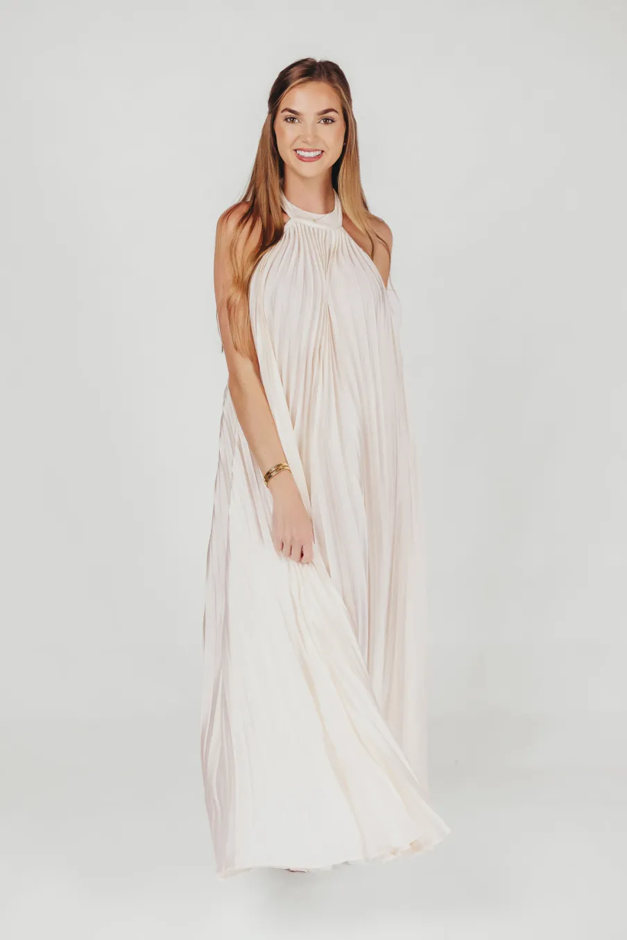 Clearance Worth Collective Maren Pleated Halter Maxi Dress in Cream - Bump Friendly