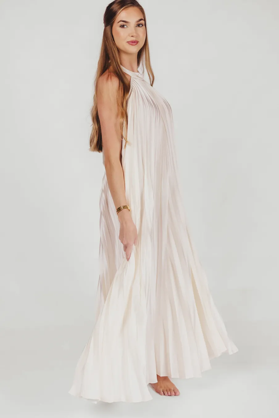 Clearance Worth Collective Maren Pleated Halter Maxi Dress in Cream - Bump Friendly