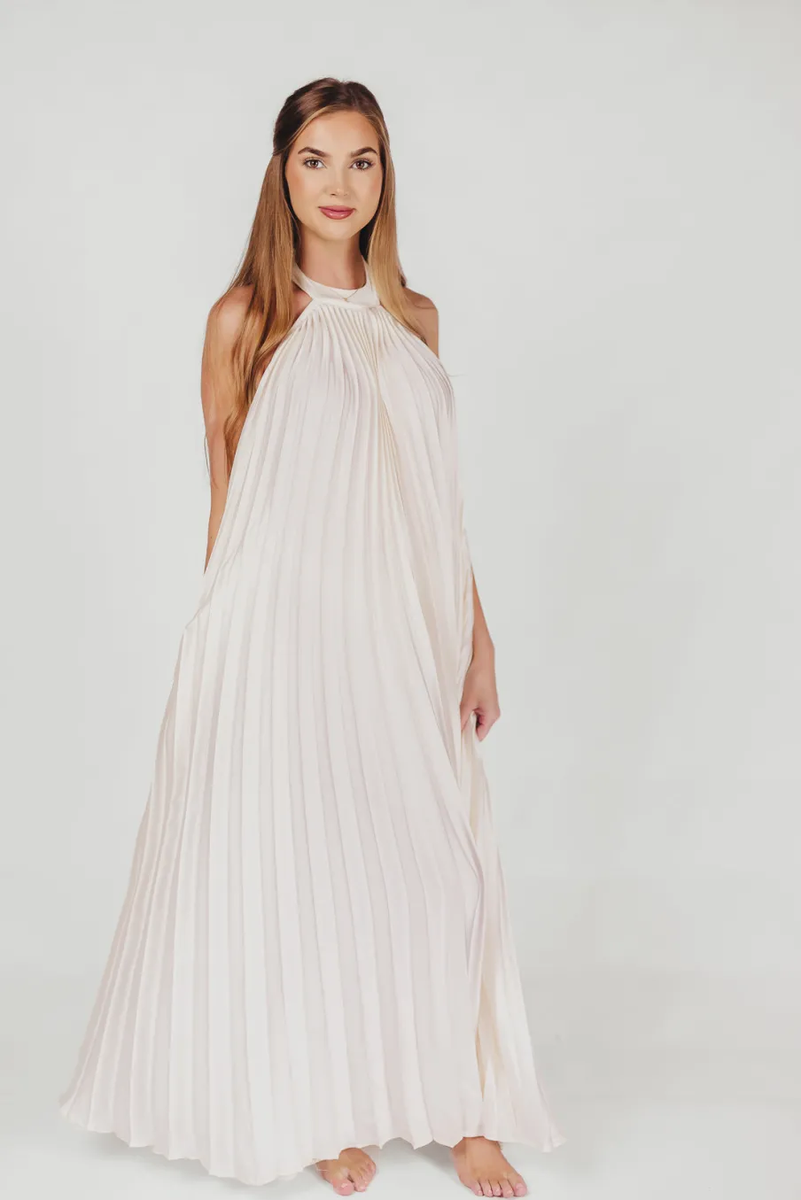 Clearance Worth Collective Maren Pleated Halter Maxi Dress in Cream - Bump Friendly