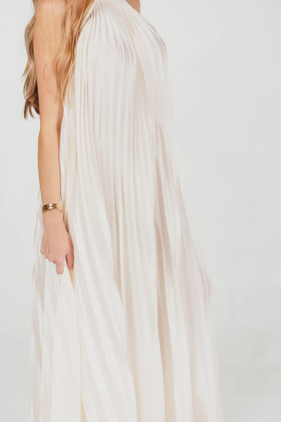 Clearance Worth Collective Maren Pleated Halter Maxi Dress in Cream - Bump Friendly