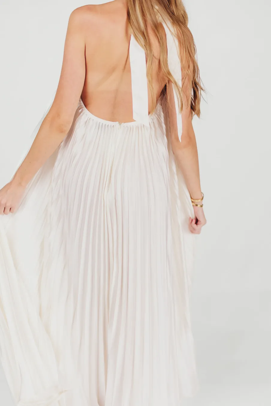 Clearance Worth Collective Maren Pleated Halter Maxi Dress in Cream - Bump Friendly