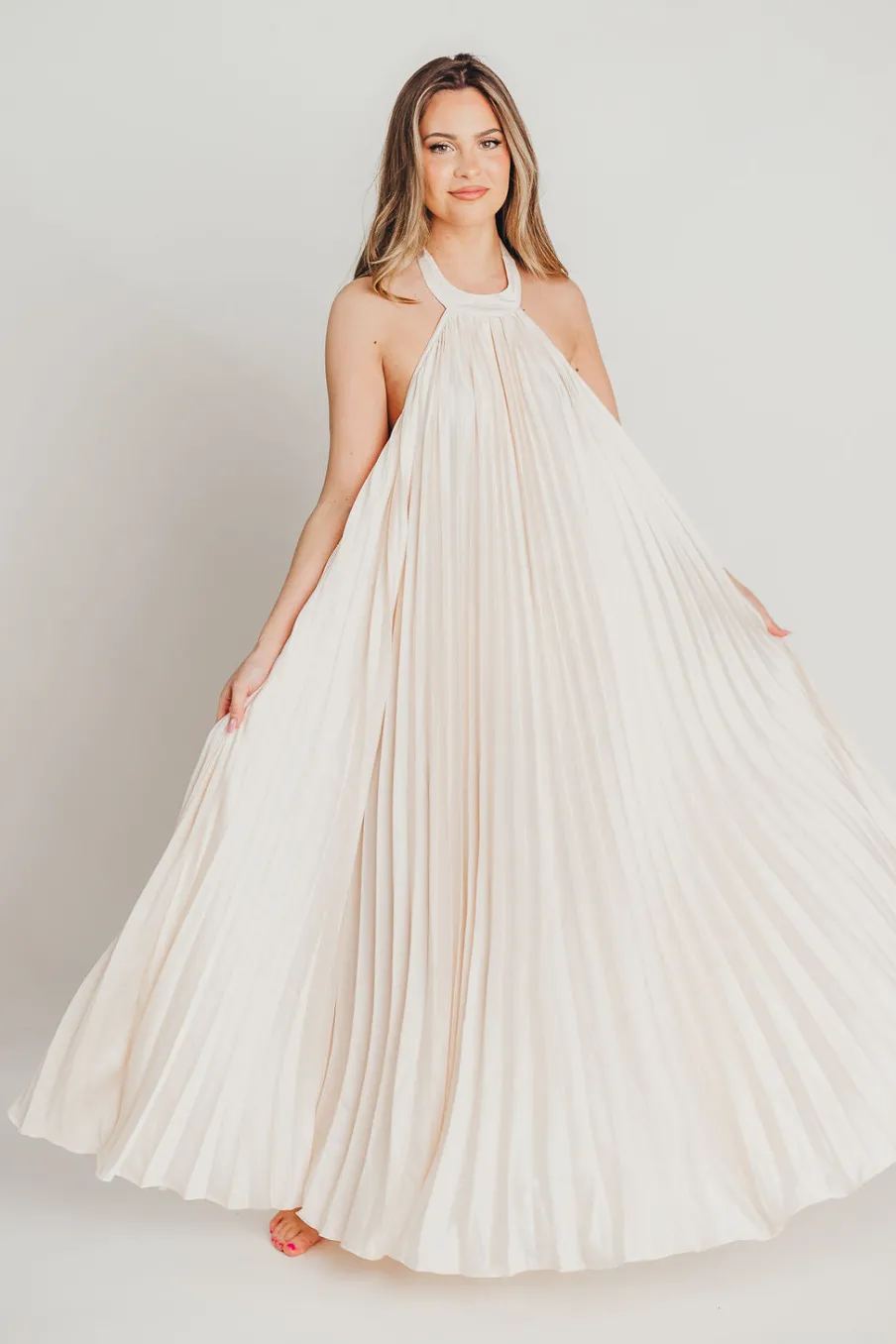 Clearance Worth Collective Maren Pleated Halter Maxi Dress in Cream - Bump Friendly