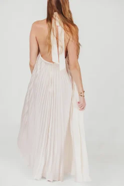 Clearance Worth Collective Maren Pleated Halter Maxi Dress in Cream - Bump Friendly