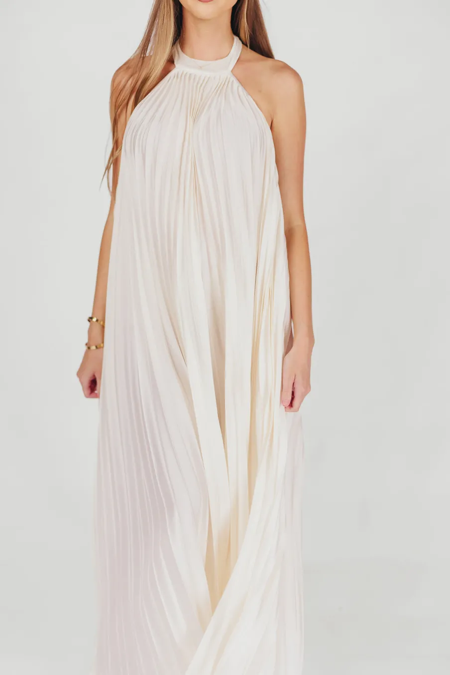 Clearance Worth Collective Maren Pleated Halter Maxi Dress in Cream - Bump Friendly
