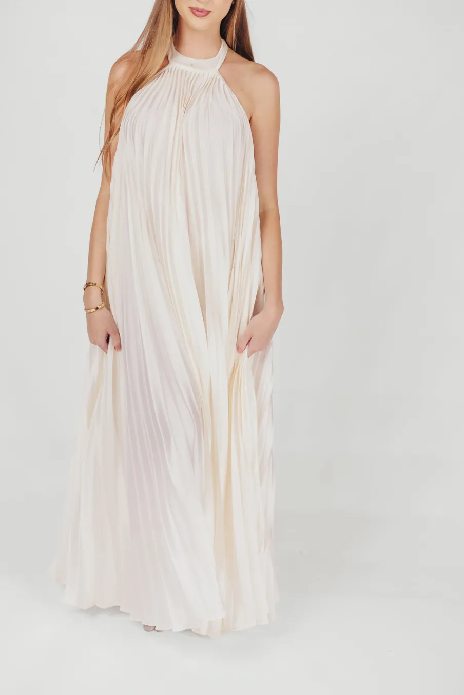 Clearance Worth Collective Maren Pleated Halter Maxi Dress in Cream - Bump Friendly