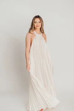 Clearance Worth Collective Maren Pleated Halter Maxi Dress in Cream - Bump Friendly