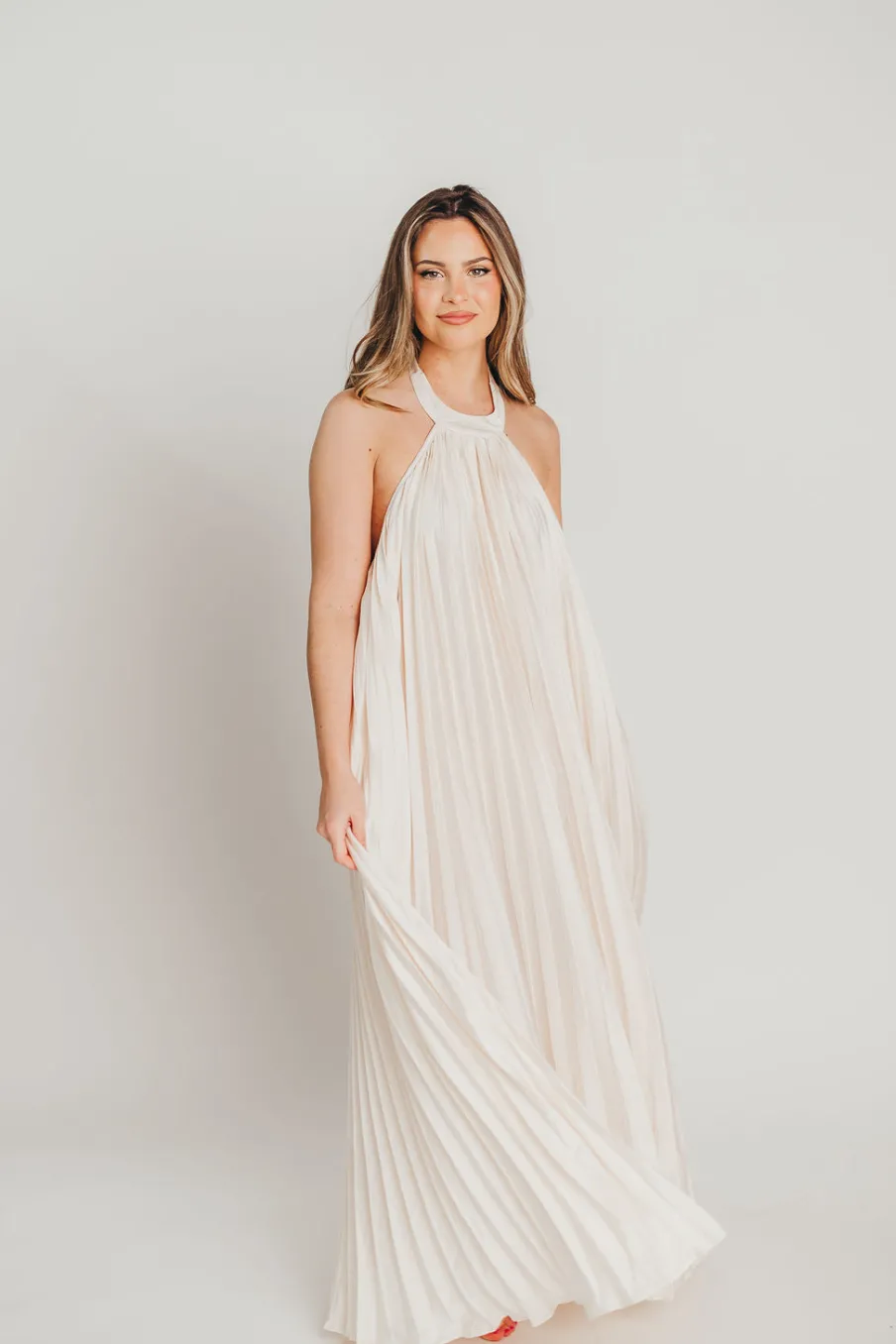 Clearance Worth Collective Maren Pleated Halter Maxi Dress in Cream - Bump Friendly