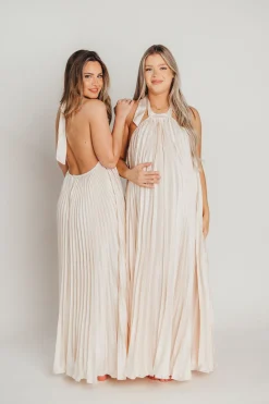 Clearance Worth Collective Maren Pleated Halter Maxi Dress in Cream - Bump Friendly