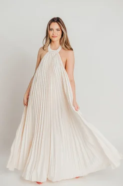 Clearance Worth Collective Maren Pleated Halter Maxi Dress in Cream - Bump Friendly