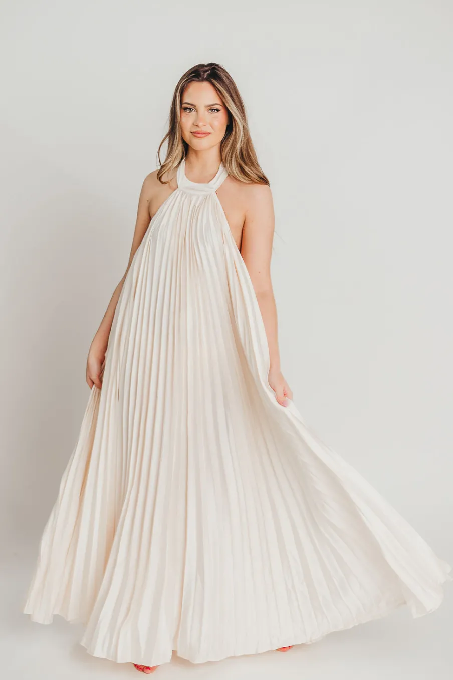 Clearance Worth Collective Maren Pleated Halter Maxi Dress in Cream - Bump Friendly
