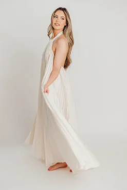 Clearance Worth Collective Maren Pleated Halter Maxi Dress in Cream - Bump Friendly