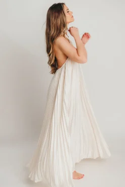 Clearance Worth Collective Maren Pleated Halter Maxi Dress in Cream - Bump Friendly