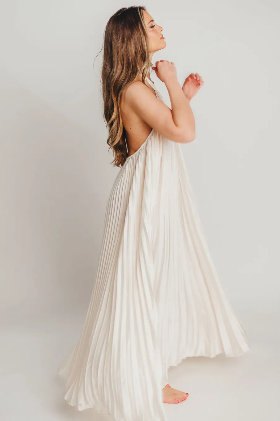 Clearance Worth Collective Maren Pleated Halter Maxi Dress in Cream - Bump Friendly