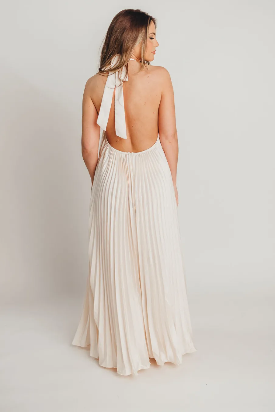 Clearance Worth Collective Maren Pleated Halter Maxi Dress in Cream - Bump Friendly
