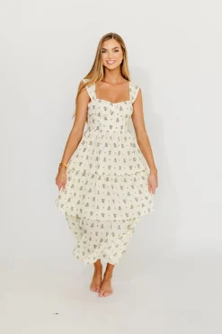 Fashion Worth Collective Marjorie Bustier Ruffle Layered Maxi Dress in Cream/Blue Floral