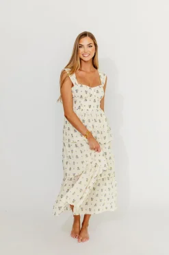 Fashion Worth Collective Marjorie Bustier Ruffle Layered Maxi Dress in Cream/Blue Floral