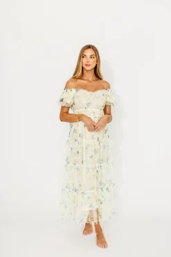Outlet Worth Collective Martha Puff Sleeve Midi Dress in Ivory Mutli