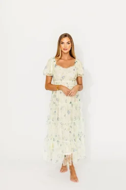 Outlet Worth Collective Martha Puff Sleeve Midi Dress in Ivory Mutli