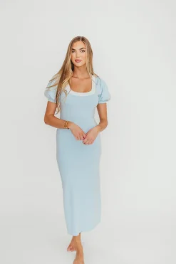 Fashion Worth Collective Mary Kate Bow Shoulder Sweater Maxi Dress in Sky/White