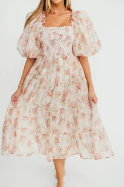 Hot Worth Collective McKenna Puffed Sleeve Tiered Midi Dress in Peach