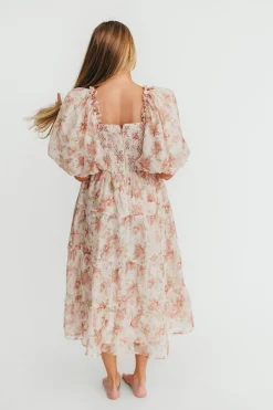Hot Worth Collective McKenna Puffed Sleeve Tiered Midi Dress in Peach
