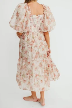 Hot Worth Collective McKenna Puffed Sleeve Tiered Midi Dress in Peach