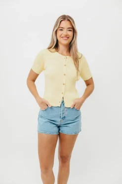 Sale Worth Collective Meg Raw Edge Button Up Ribbed Knit Top in Light Yellow
