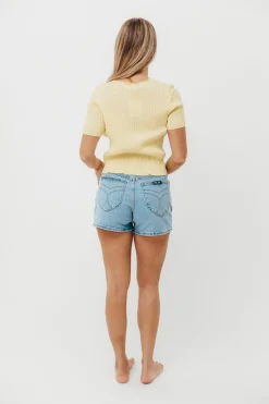 Sale Worth Collective Meg Raw Edge Button Up Ribbed Knit Top in Light Yellow