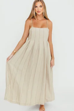New Worth Collective Mei Linen Stitch Maxi Dress in Khaki