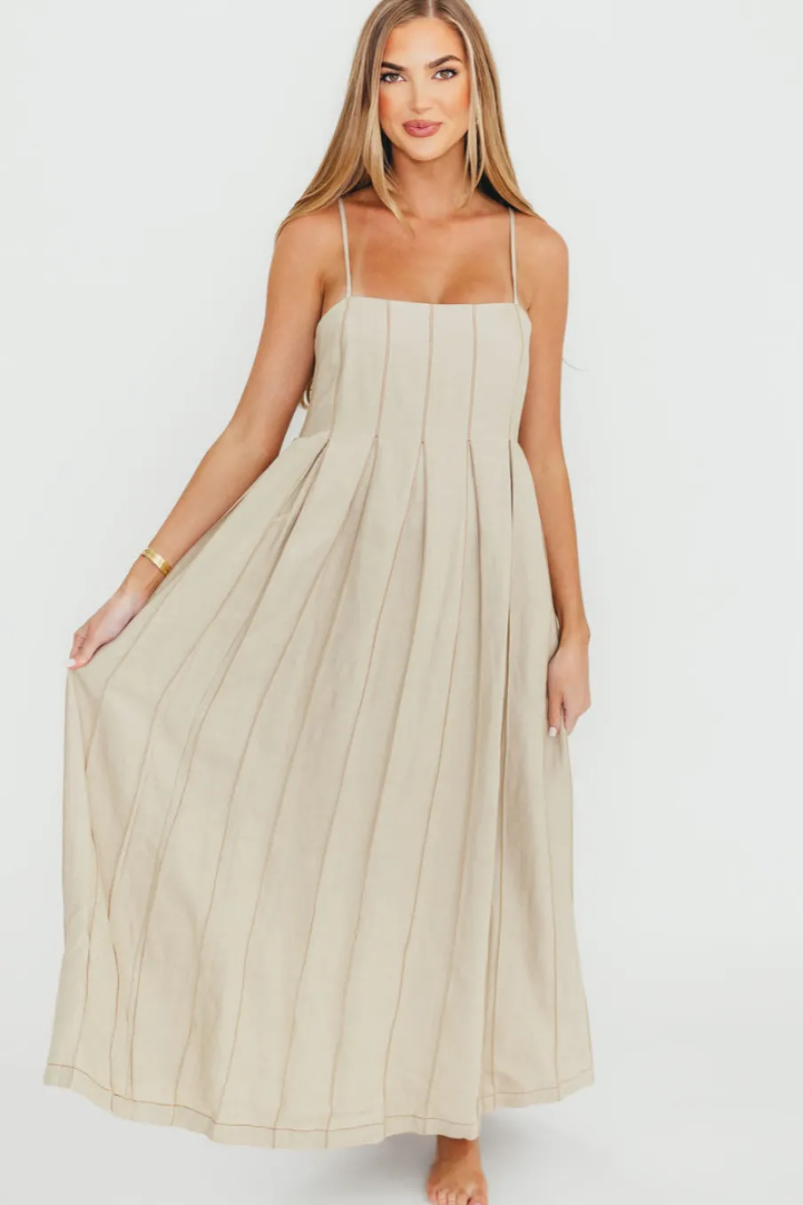 New Worth Collective Mei Linen Stitch Maxi Dress in Khaki