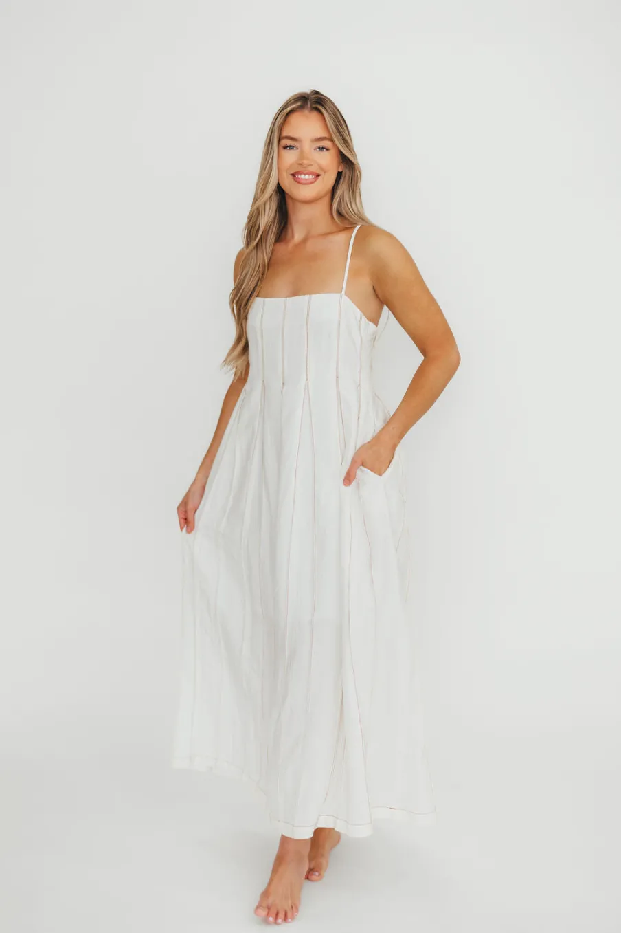 Fashion Worth Collective Mei Linen Stitch Maxi Dress in Cream